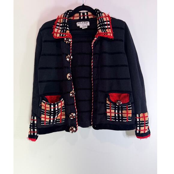 Jack B Quick Sweaters - Jack B. Quick Plaid Trim Knit Cardigan Jacket Button Front Black Red Size S